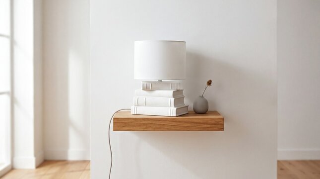 Minimalist Ceramic Stacked Book Lamp on Oak Shelf for Modern Home Decor Banner