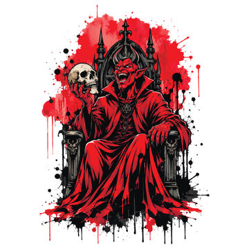 Dark fantasy vector illustration of a red demon king on a gothic throne holding a skull. Bold ink splashes, grunge drips, and dramatic horror aesthetics create a powerful supernatural scene.