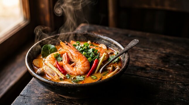 Steaming Tom Yum Goong Soup with Prawns on Rustic Table for Asian Restaurant Menu Banner