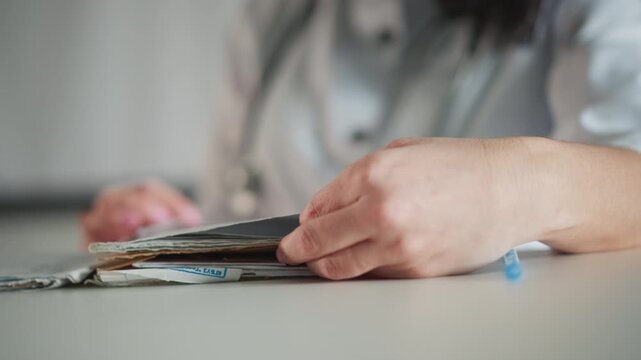 Medical practitioner methodically crosschecking patient records with detail. Healthcare provider systematically verifying accurate patient information using careful observation and comparison