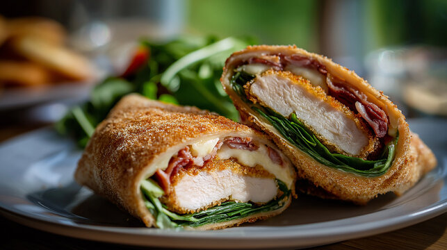 Crispy fried chicken sandwich wrap with fresh lettuce and bacon on plate