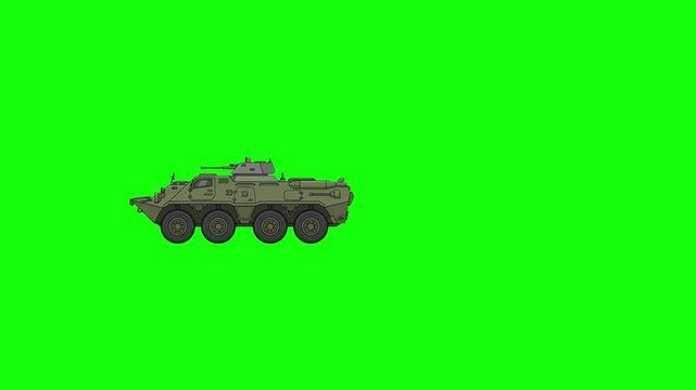 A detailed 2D animated military armored personnel carrier (APC) driving across the frame against a green screen. Perfect for tactical wargames, military simulations, and educational projects.