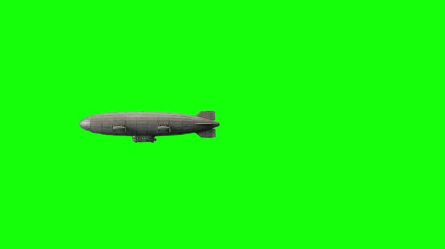 A side profile 3D render of a stealth grey military dirigible blimp flying smoothly across a chroma key green background. This flexible asset is ideal for alternative history films, naval aviation doc