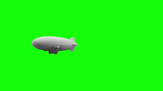 A detailed 3D animated model of a zeppelin airship floating through the sky against a green screen. An excellent asset for vintage-themed media, creative storytelling, or atmospheric video backgrounds