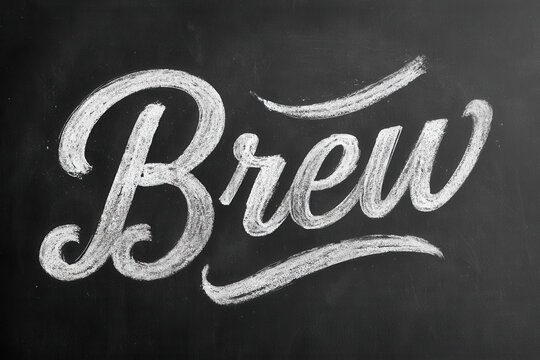 The word "Brew" is elegantly written in Rustic Chalkboard Brew Typography, showcasing hand-drawn white chalk curves with a realistic dusty texture across a dark matte blackboard surface