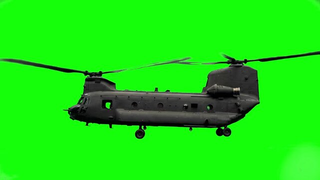A high-quality 3D animated model of a dual-rotor Chinook military helicopter flying against a green screen. Ideal for military simulations, defense media, and action-oriented motion graphics.