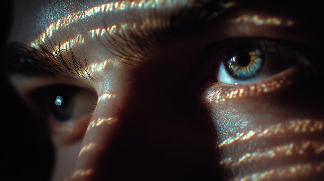 Close-up of human eyes with abstract light patterns on skin in dark environment