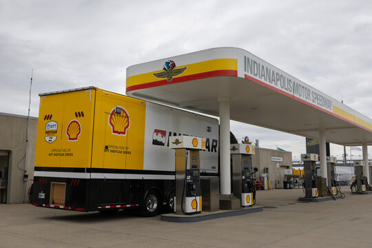 Shell gas station at Indianapolis Motor Speedway. Shell supplies IndyCar with a 100% renewable race fuel.