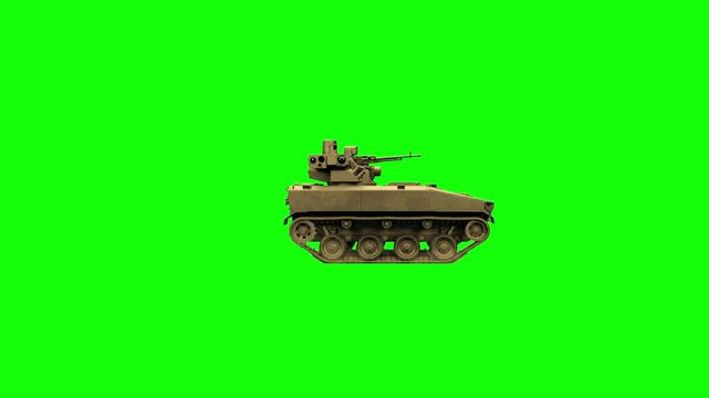A detailed 3D animated model of a tracked unmanned ground combat vehicle moving across the frame against a green screen. Perfect for futuristic wargames, modern military simulations, and robotics/AI-t