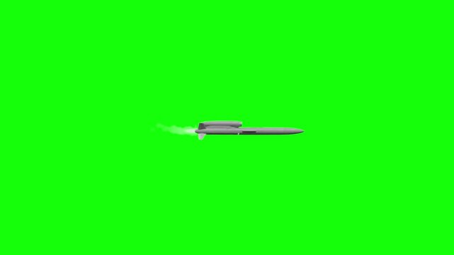 A sleek silver Flamingo rocket or anti-aircraft missile flies horizontally across a bright green screen, leaving a subtle smoke trail. This side-view VFX element is designed for compositing into moder