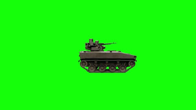 A detailed 3D animated model of a tracked unmanned ground combat vehicle moving across the frame against a green screen. Perfect for futuristic wargames, modern military simulations, and robotics/AI-t