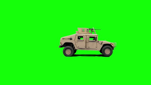 A detailed 3D animated model of a desert-tan military Humvee moving across a green screen. Perfect for desert-themed military scenarios, tactical simulations, and modern action media.