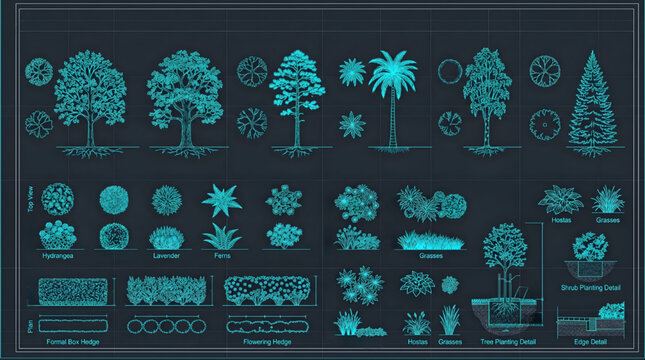 Vegetation CAD Collection &ndash; Trees Shrubs Hedges and Planting Details AutoCAD Blueprint Technical Vector Set