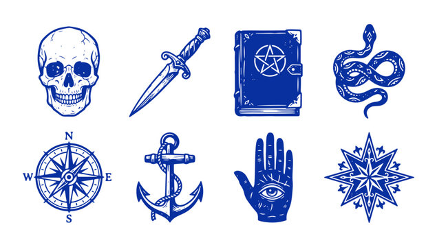 Nautical occult symbols set including skull, sword, book, snake, compass, anchor, hand, star