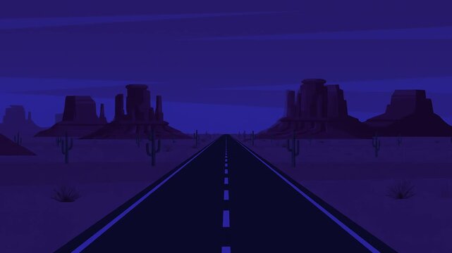 A minimalist 2D animation showing a continuous forward perspective drive down an empty asphalt highway at night. Featuring stylized desert canyon silhouettes and desert cacti under a dark sky, this se