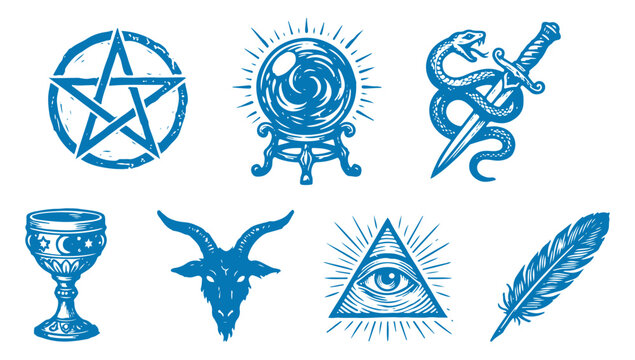 Occult symbols collection including pentagram, crystal ball, snake, chalice, goat head, all-seeing eye, feather