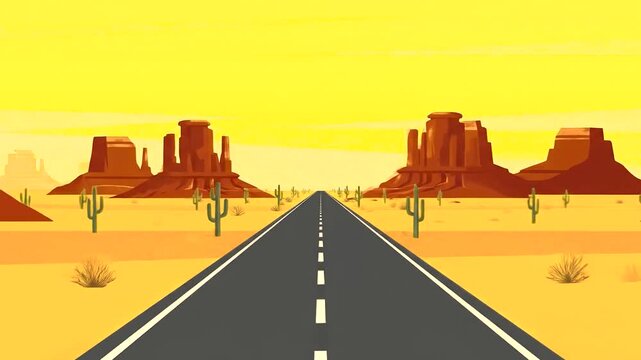 A minimalist 2D animated loop of a long asphalt highway stretching into the distance through a desert. Features cacti and mountains, perfect for road trip animations, travel videos, or driving game ba