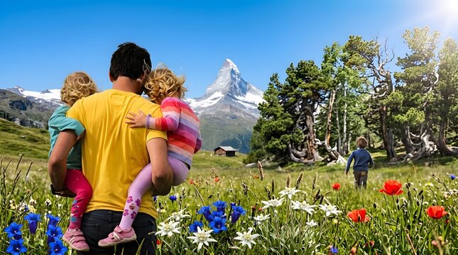 Father's day Happy kids with father family super dad 