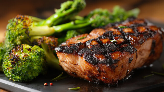 Grilled steak with charred broccoli on black plate with seasoning