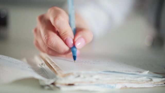 Nurse writing notes on chart, closeup of hand with blue pen over stacked medical forms during home visit, bedside paperwork and signature captured in soft natural light, focused professional
