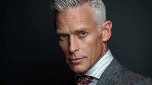 Portrait of confident mature businessman in gray suit with tie on dark background