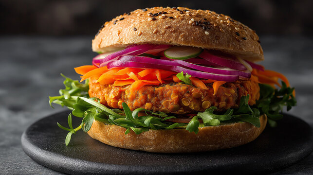 Close-up of healthy vegetarian burger with fresh vegetables and multigrain bun