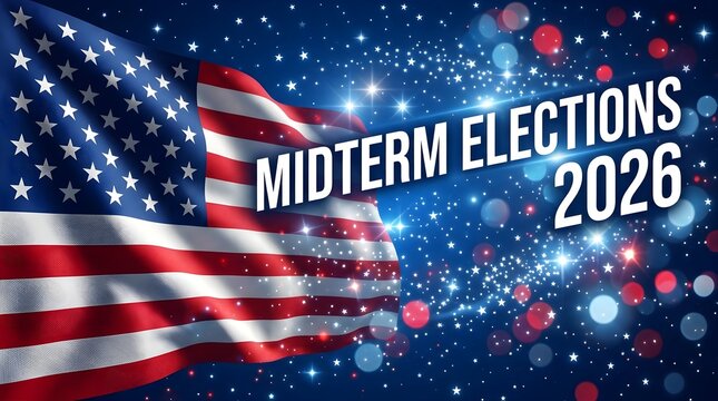 American flag with sparkling lights and "MIDTERM ELECTIONS 2026" text, symbolizing upcoming political events.