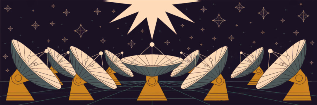 Futuristic satellite dish array under starry night sky, flat vector illustration of space communication technology and astronomy research