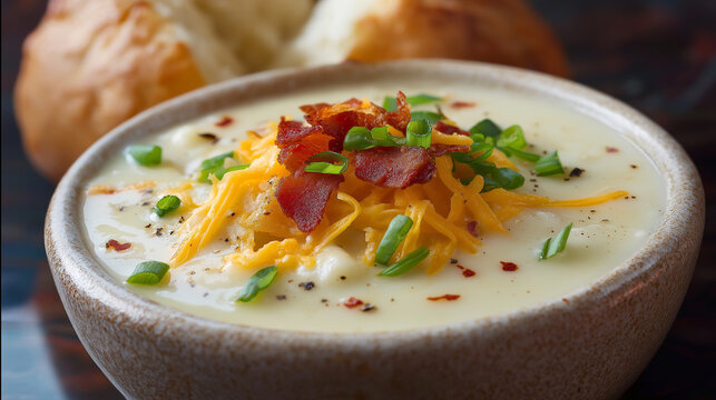 Creamy Loaded Baked Potato Soup with Bacon and Cheese in Bowl