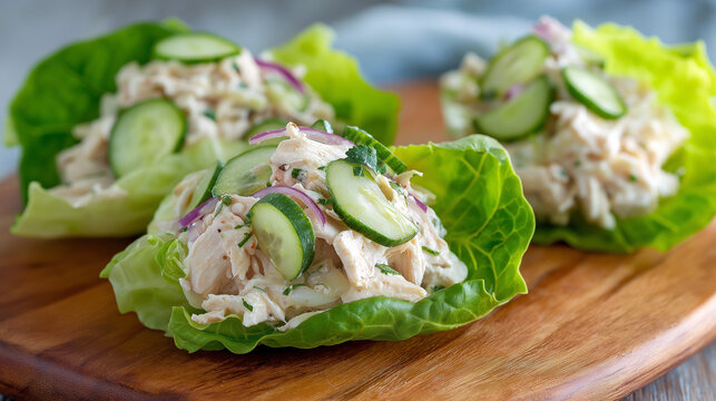 Fresh chicken salad lettuce wraps with cucumber slices and herbs