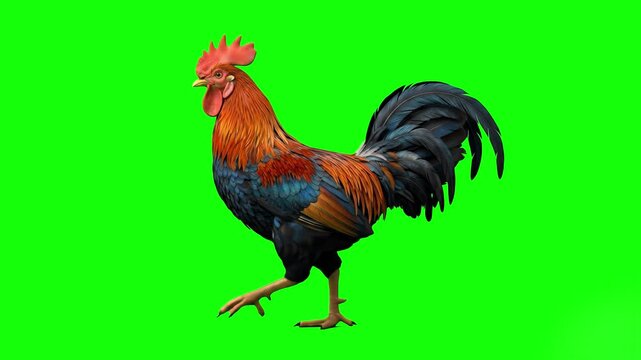 A realistic 3D animated rooster walking across the frame against a solid green screen. Perfect for farm-themed educational projects, agricultural advertisements, or countryside animation scenes.