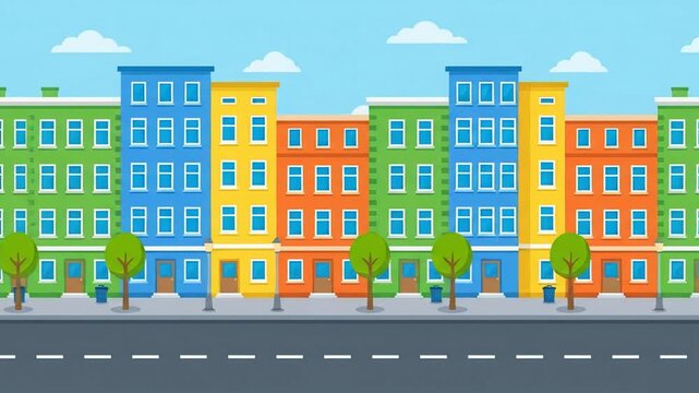 A vibrant, flat-style 2D animated city street background featuring scrolling colorful buildings and simple trees. Perfect for parallax effects, children&rsquo;s cartoons, mobile game environments, or urban-