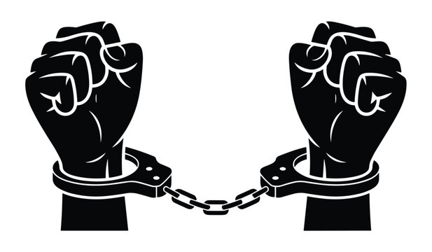 Handcuffs Symbolizing Captivity: Two clenched fists bound together by handcuffs, a powerful graphic representation of restriction and lack of freedom. Justice concept, legal theme, broken chain.