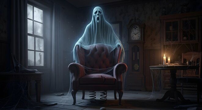 Ghost with a screaming expression looms over an antique armchair in a dark and moody living space.