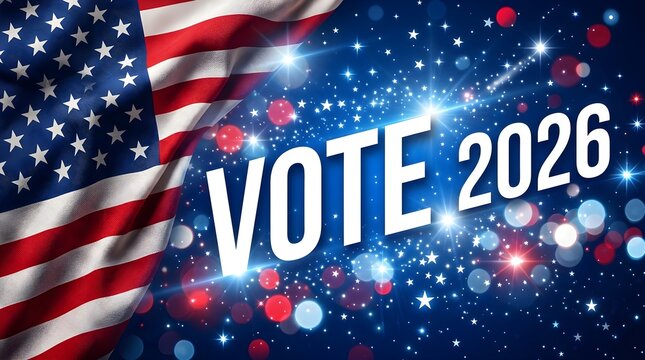 American flag waving with the text "VOTE 2026" superimposed on a starry, bokeh background.