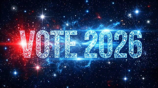 The words VOTE 2026 are illuminated in a sparkling, futuristic font against a backdrop of a starry night sky with red and blue light effects.