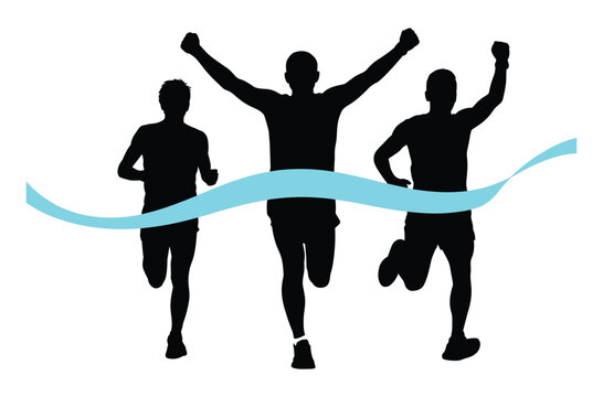 Runner at Finish Line: Silhouette of a runner crossing the finish line with arms raised in victory. race achievement, sports competition, finishing moment, athletic event, winning stride.