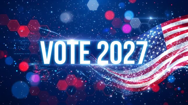 Digital illustration of the American flag waving with the text "VOTE 2027" in glowing blue letters.