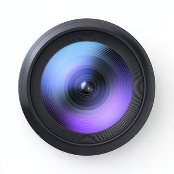 Close-up of professional camera lens with purple reflections on white background