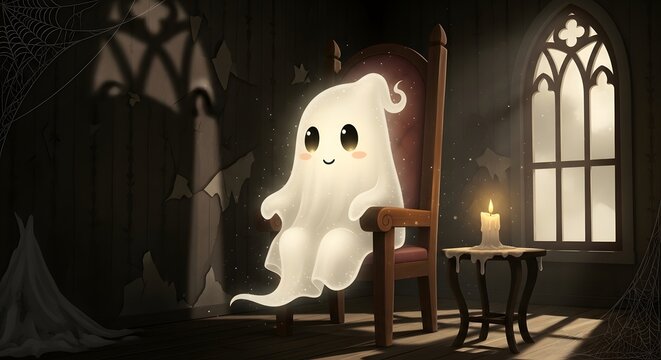Ghost with a friendly face sits on a vintage chair inside an old room with a glowing candle nearby.