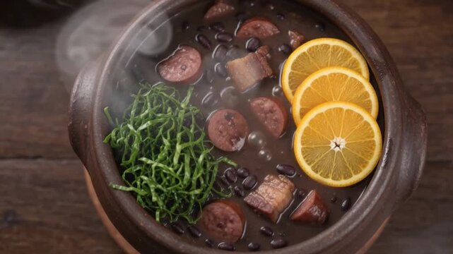 A top-down view of an authentic Brazilian feijoada served in a rustic clay pot with fresh orange slices and saut&eacute;ed kale on a wooden table.