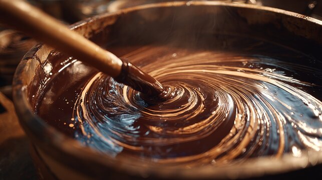 Artisanal Chocolate Making: Close-up of Rich Dark Chocolate Being Stirred in a Wooden Bowl