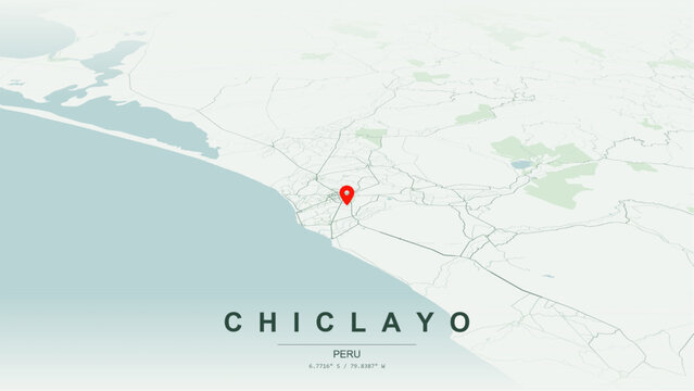 Modern minimalist vector map of Chiclayo, Peru. High-quality scalable illustration of Chiclayo city grid, Pimentel coastal waterfront axis for posters and design.