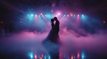 Fototapeta premium Romantic Silhouette of Couple Dancing in Smoke and Neon Lights
