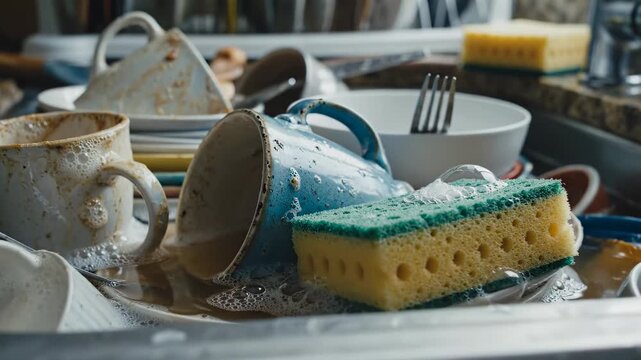 Dishes stacked in sink with sponge and dish soap waiting for clean up. Kitchen setting with messy counter and food remnants. Concept of home cleaning, household chores, kitchen services