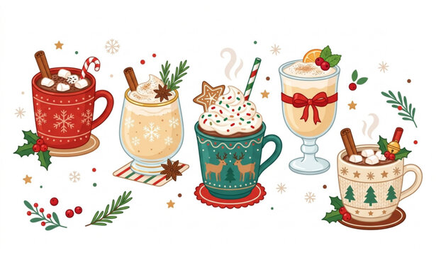Festive Christmas chocolate and eggnog cups vector icons