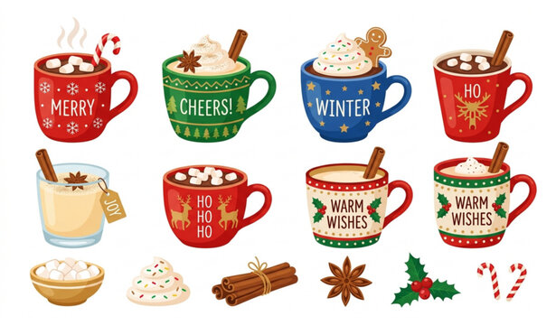 Winter holiday eggnog and cocoa mug vector set