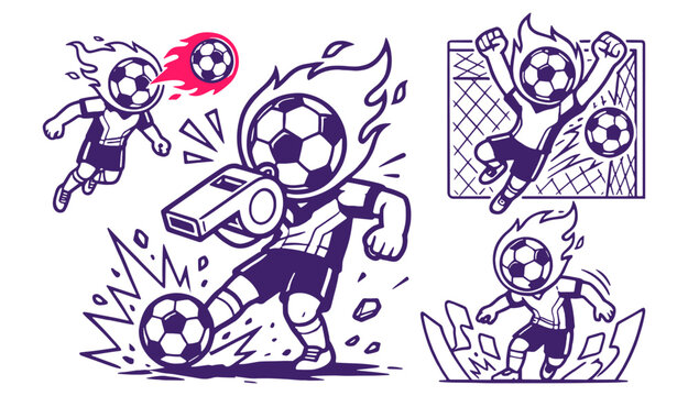 Dynamic Soccer Mascot Character Set with Flaming Heads - Football Icons and Symbols