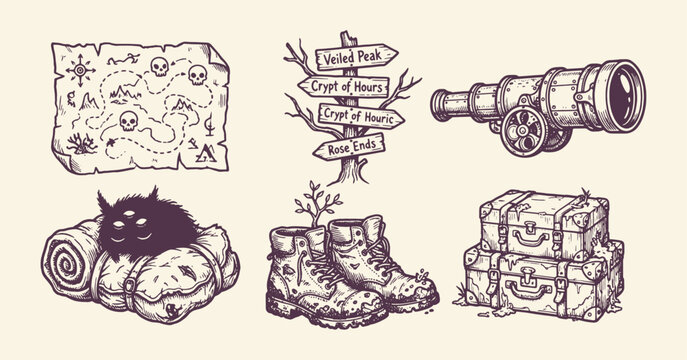 Vintage Adventure Exploration Hand-Drawn Set Featuring Treasure Map Telescope Boots and Fantasy Elements