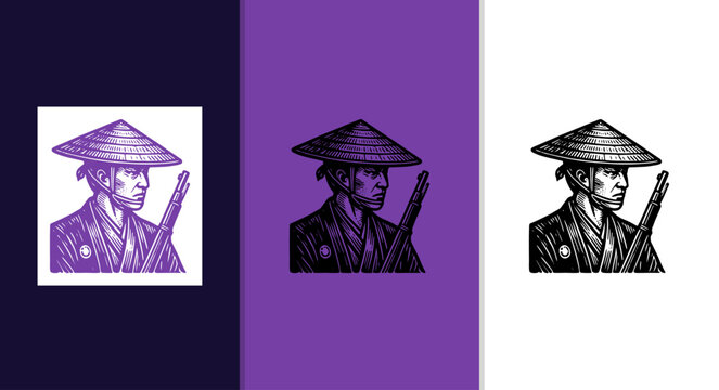 Vintage Woodcut Japanese Warrior Ronin with Rifle and Conical Hat Illustration Set